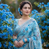 Cinematic Blue Floral Saree Portrait AI Photo Editing Prompt. AI generated realistic portrait of a graceful Indian woman wearing a light blue floral saree and matching traditional jewelry, standing amidst lush blooming blue flowers.