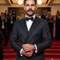 Handsome man in tuxedo red carpet portrait AI Photo Editing Prompt. AI generated cinematic portrait of a stylish man wearing a black double-breasted tuxedo and bowtie, posing on a red carpet with paparazzi flashes in the background.