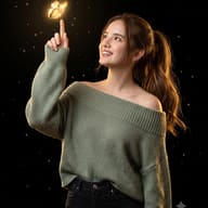 AI generated digital portrait of a smiling woman in a green off-the-shoulder sweater with a glowing golden butterfly on her finger against a black starry background.