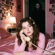 Gemini AI Gnerated Vintage-style horror portrait of a young woman in a pink sweater on a pink satin bed talking on a retro phone, stalked by a mysterious Ghostface in the doorway.