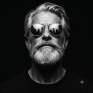 AI Image Generation Prompt: High-end B&W portrait of a distinguished older man with a white beard and hair, looking slightly up with city skyline sunglasses reflections.
