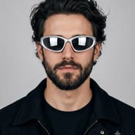 Handsome Man in Futuristic Sunglasses Studio Portrait AI Photo Editing Prompt. AI generated studio portrait of a handsome bearded man wearing sporty silver sunglasses and a black jacket against a grey background.