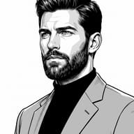 Bearded Man in Grey Suit and Turtleneck Vector Portrait AI Photo Editing Prompt. AI generated digital illustration portrait of a handsome man with styled hair and a full beard, wearing a grey suit over a black turtleneck.