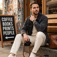 Urban photographer street style AI Photo Editing Prompt. AI generated realistic portrait of a bearded man in a denim jacket sitting outside a cafe holding a camera.