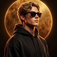 Cinematic Portrait AI Photo Editing Prompt. AI generated digital illustration of a young man with sunglasses in a black hoodie, set against a large, glowing golden halo.