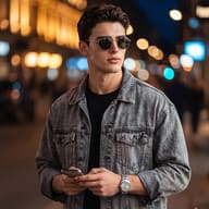 AI-generated portrait of a man in a denim jacket and sunglasses using his phone on a bokeh-lit night street.