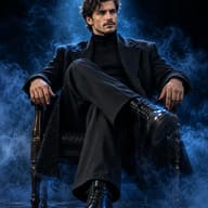 AI Photo Prompt: Cinematic portrait of a confident man with a mustache in a black overcoat sitting cross-legged on a vintage chair amidst blue smoke.