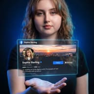 AI Image Prompt: Blonde woman with curly hair holding a floating translucent Facebook profile hologram in studio.