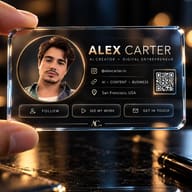 AI Generated Futuristic transparent glass profile card with a man's circular photo and QR code.