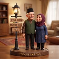 3D Pixar-Style Senior Muslim Couple Miniature Art AI Photo Editing Prompt. AI generated 3D illustration of a smiling senior Muslim couple in traditional attire standing next to a vintage street lamp with custom name signboards on a wooden base.