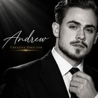 AI Image Prompt: Cinematic monochrome magazine-style headshot of a man adjusting his black tie, with Andrew Creative Director in script and gold text.