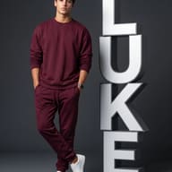 3D Name Typography AI Photo Editing Prompt. AI generated studio portrait of a young man in a burgundy tracksuit standing beside large, illuminated vertical LUKE letters.