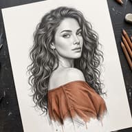Realistic Pencil Sketch Portrait AI Photo Editing Prompt. AI generated portrait illustration of a curly-haired woman in a terracotta off-shoulder top, drawn in graphite pencil style on an artist's desk with sketching tools.