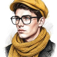 Man Portrait Illustration AI Photo Editing Prompt. AI generated digital sketch of a handsome young man with glasses, a yellow hat, and a winter scarf.