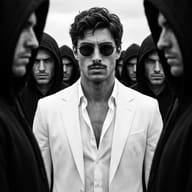 Curly-haired man in open white shirt and blazer facing camera among dark hooded silhouettes, moody portrait