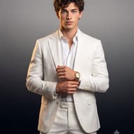 Man in White Suit Studio Portrait AI Photo Editing Prompt. AI generated studio portrait of a handsome young man with a short beard wearing an elegant white suit and a gold watch, adjusting his cuff against a smooth gray gradient background.