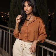 Woman in Satin Blouse on Rooftop with City Lights AI Photo Editing Prompt.