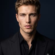 Handsome Man in Black Suit Studio Portrait AI Photo Editing Prompt. AI generated studio portrait of a handsome male model with textured light brown hair and blue eyes wearing an all-black suit and shirt against a dark background.