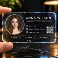 AI Photo Prompt: Luxury glass identity card held between fingers with a woman's photo and QR code.
