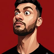 Gemini AI Prompt for Stylized geometric digital illustration of a man with dark hair and a trimmed beard looking up, set against a vibrant red background.