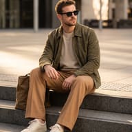 AI generated fashion portrait of a man wearing an olive suede jacket, sunglasses, and tan trousers, sitting on concrete steps with a canvas tote bag.