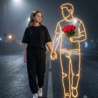 Neon Aesthetic Street Photography AI Photo Editing Prompt. AI generated photo of a girl in black streetwear walking beside a glowing neon outline of a boyfriend holding red roses.