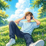 AI Image Prompt: Cinematic 2D anime art of a man with wavy hair wearing headphones and leaning back on a beautiful summer meadow.