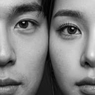 Close Up B&W Couple Portrait AI Photo Editing Prompt. AI generated macro portrait of a man and a woman showing highly detailed half faces side by side in monochrome.