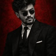 AI Image Prompt: Bearded man wearing round black sunglasses and a three-piece suit on a dark red backdrop.