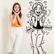 Cartoon Doodle Art AI Photo Editing Prompt. AI generated mixed media portrait of a smiling woman in an orange top posing next to an excited black-and-white line art sketch of herself on a white wall.
