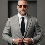 AI Image Prompt: High-end fashion photo of a mature stylish man in a crisp white shirt and gray blazer wearing classic clubmaster sunglasses.