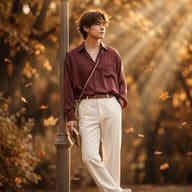 Aesthetic AI generated portrait of a handsome young man leaning against a vintage lamppost in an autumn park during golden hour, wearing a burgundy shirt and holding a book.
