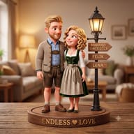 Joyful Traditional 3D Couple Miniature Photo Prompt. AI generated diorama of a happy couple in Bavarian attire smiling by a warm vintage lamp.
