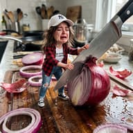 Gemini Generated Surreal miniature photography of a small girl crying intensely while slicing a massive red onion on a messy kitchen cutting board.