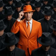 AI generated cinematic portrait of a man in a vibrant orange suit tipping his fedora, standing out among a uniform crowd of men in black suits and hats.