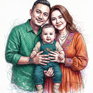 Scribble Art Family Portrait AI Photo Editing Prompt. AI generated digital illustration of a smiling mother and father holding their baby, drawn with colorful scribble lines.