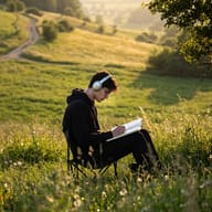 Gemini AI Generated Peaceful nature photo of a guy in black clothing sitting on a folding chair and writing in a large white book on a grassy hill.