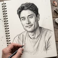 AI Photo Prompt: Fine-art pencil sketch of a smiling man on a spiral notepad with artist hand.