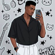 Anime Black Boy Mirror Selfie and Graphic Doodles AI Photo Editing Prompt. AI generated Digital Illustration of a young man in a black shirt and white pants taking a mirror selfie surrounded by glowing icons like headphones, a guitar, and "STAR" graffiti.