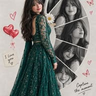 Emerald Queen Scrapbook Collage Prompt: Romantic digital scrapbook collage featuring a smiling woman in a dark green embellished dress surrounded by black-and-white portraits and love stickers.
