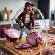 Gemini AI Prompt: Highly detailed macro photo showing a tiny sobbing woman holding a huge kitchen knife next to a sliced giant red onion.