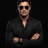 AI Prompt: Dark moody luxury fashion shot of a serious, confident man in an all-black suit, gold chain, and sunglasses with dramatic rim lighting.