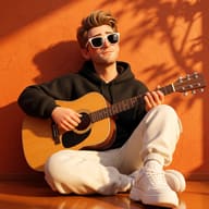 3D Boy Playing Guitar Illustration AI Photo Editing Prompt. AI generated 3D digital illustration of a cool cartoon boy in a black hoodie and white sunglasses sitting on the floor playing an acoustic guitar against a sunlit orange wall. 