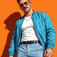 AI Image Prompt: Semi-realistic cel-shaded illustration of a man with sunglasses and silver rings leaning toward the viewer.