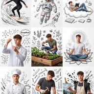 Doodle Line Art Character Grid AI Photo Prompt. AI generated digital art of a young man depicted as a surfer, astronaut, chef, and meditator on a hand-sketched white background."