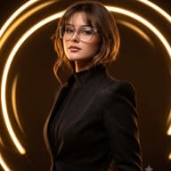 AI Photo Prompt: Cinematic fashion portrait of a young woman with short brown hair wearing clear thick-frame glasses and a black blazer, standing in front of glowing golden neon rings.