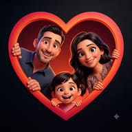 Gemini AI Generated Image: Cinematic 3D animation style illustration of a smiling couple and their daughter peeking through a vibrant heart frame.