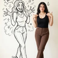 Photo and Comic Sketch Composite AI Photo Editing Prompt. AI generated digital illustration and photo composite portrait of a smiling woman in black and brown clothing next to a hand-drawn comic sketch version of herself