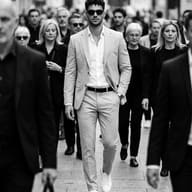 B&W Walking Portrait AI Photo Editing Prompt. AI generated image of a stylish bearded man in a suit.
