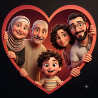 AI Prompt for Detailed 3D cartoon illustration of a multi-generational family in traditional clothing smiling cheerfully from within a heart frame.